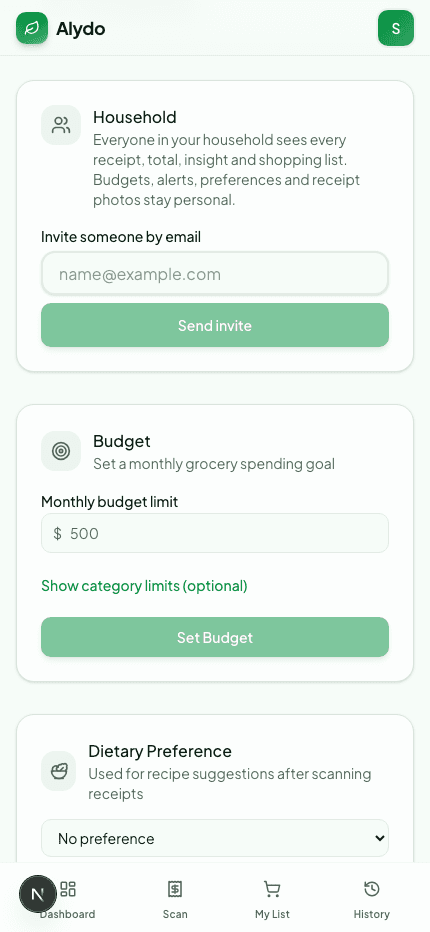 The Household card in Settings, showing the sharing sentence, an email field and a Send invite button