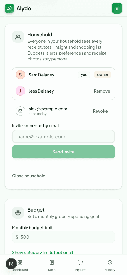 The Household card listing Sam Delaney marked "you" and "owner", Jess Delaney with a Remove action, a pending invite with a Revoke action, and a Close household link