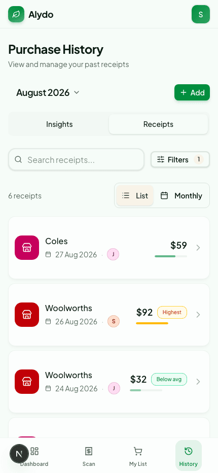 Purchase history showing six receipts for August 2026, each row marked with a J or S disc for who scanned it