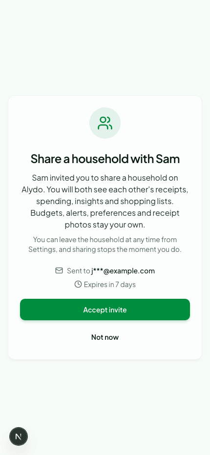 The invite screen headed "Share a household with Sam", listing what is shared and what stays personal, with Accept invite and Not now buttons