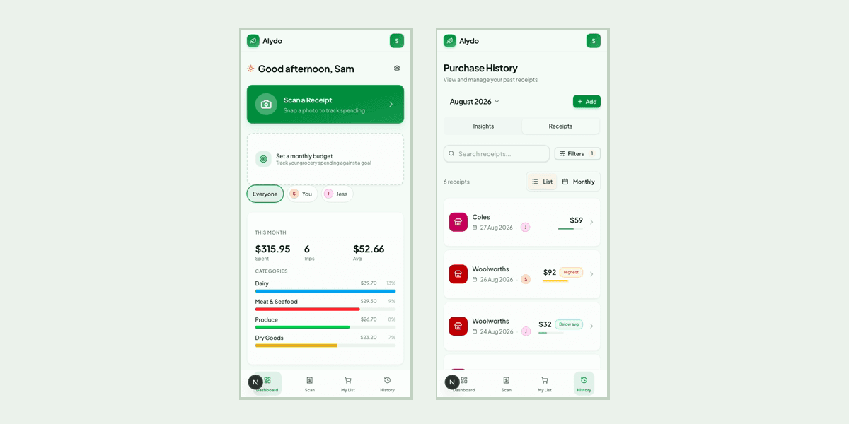 Two phone screens side by side: a dashboard filtered by person showing a pooled monthly total, and a purchase history where each receipt is marked with the initial of whoever scanned it