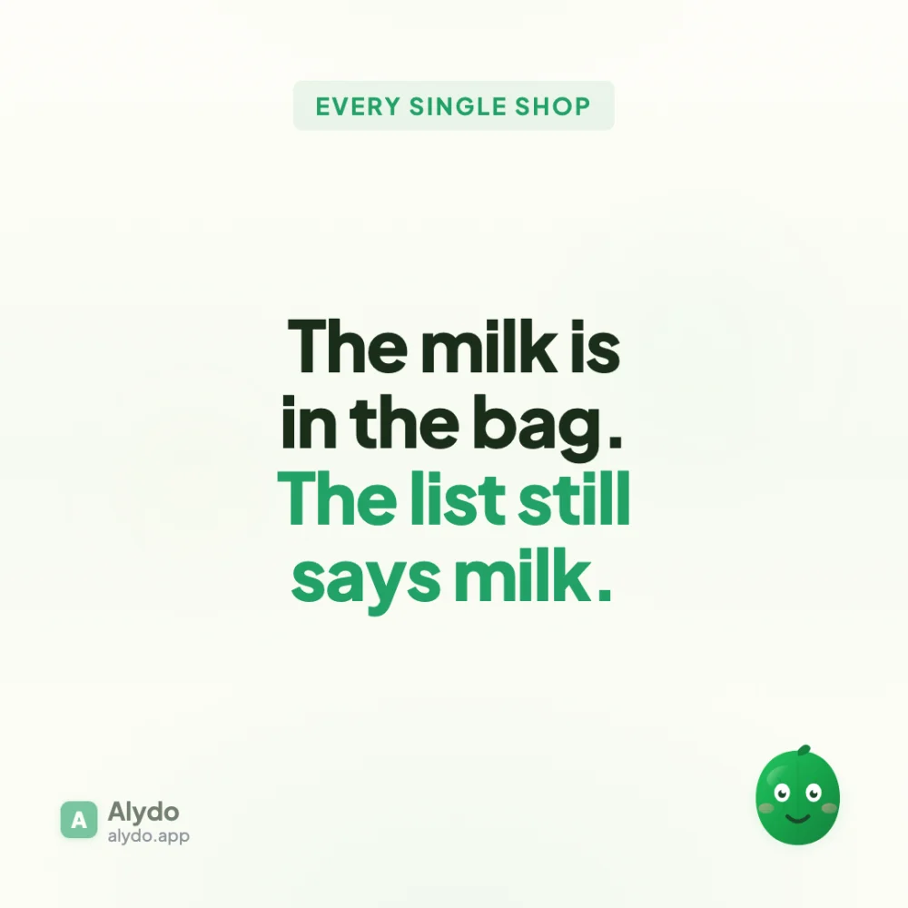 Slide reading: the milk is in the bag, the list still says milk