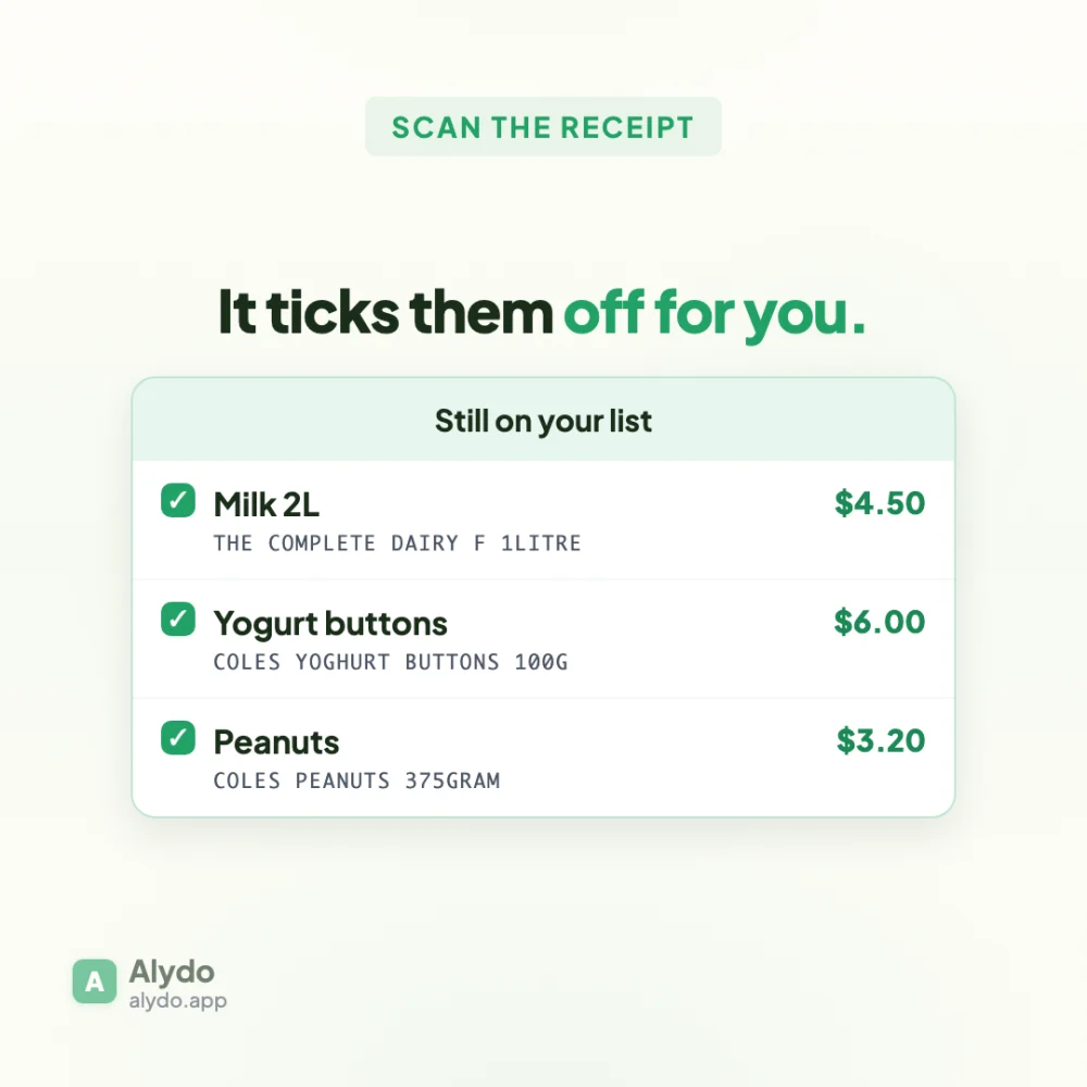 Slide showing the match card with milk, yogurt buttons and peanuts ticked off, each above its receipt line